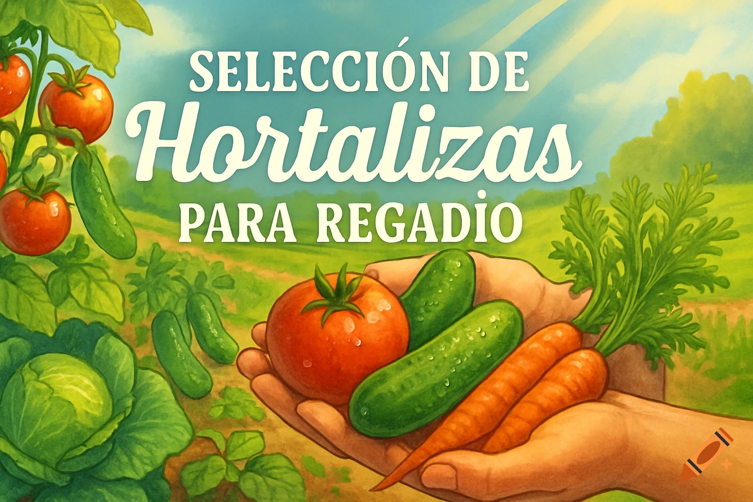 Animated illustration of hands holding fresh vegetables in a garden under a sunny sky, with text 'SELECCIÓN DE Hortalizas PARA REGADIO'.