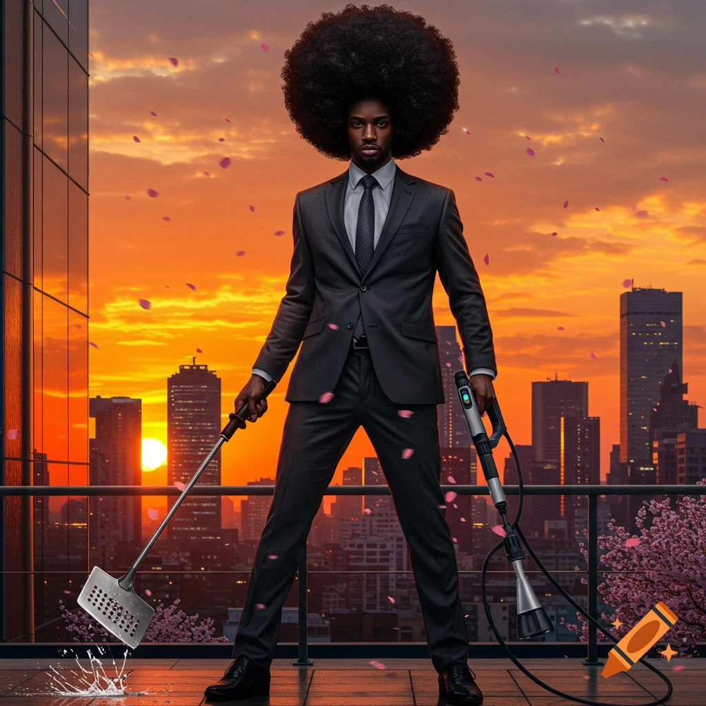 A Black man with a large afro, wearing a business suit, stands heroically on a high-rise balcony at sunset, holding a spatula and a pressure washer wand.