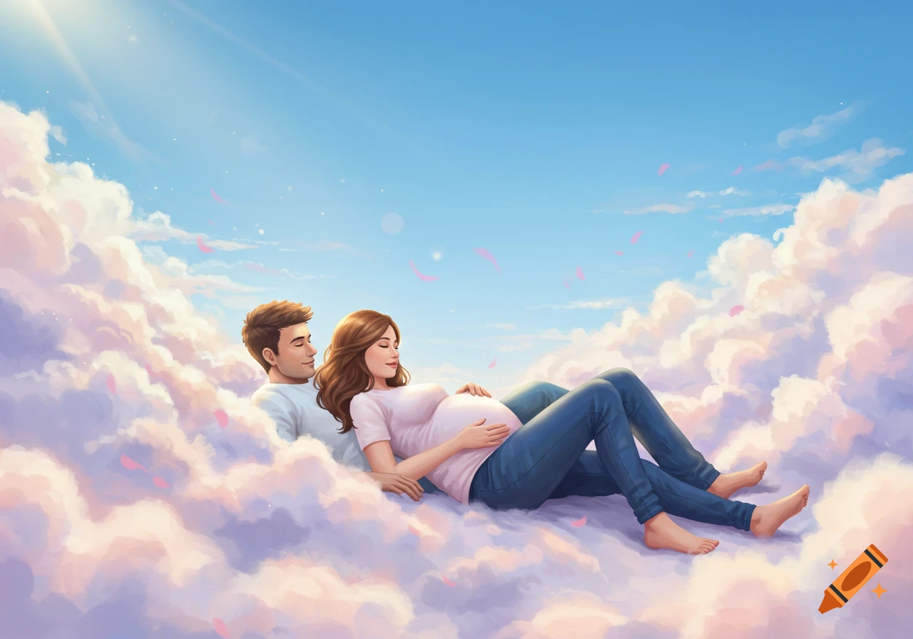 An illustration of a pregnant couple lying on pink clouds in a blue sky, the woman cradling her belly.