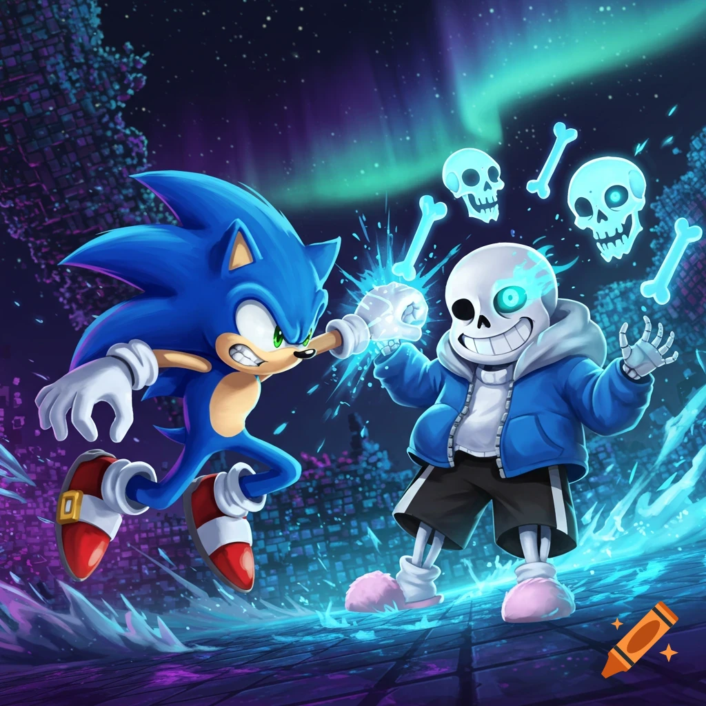 Sonic the Hedgehog and Sans from Undertale clash, surrounded by glowing blue energy, bones, and skulls against a dark, ethereal landscape with an aurora borealis.
