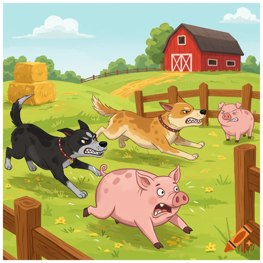 Two angry dogs chase a scared pig on a farm, while another pig smirks near a red barn, in a cartoon style.