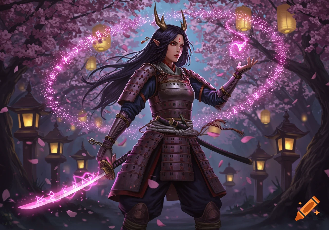 Fantasy art of a female samurai with horns and elf ears, holding a glowing pink katana and casting magic under cherry blossoms.