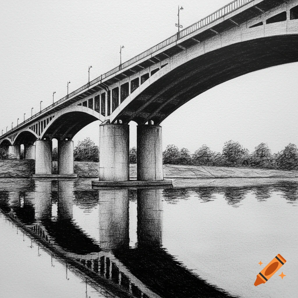 Black and white drawing of a large bridge with arches and thick pillars reflected in the calm water below.