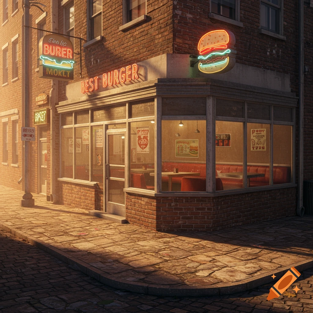 A brick corner building with neon signs for a burger joint, a cobblestone sidewalk, and warm lighting, in a conceptual art style.