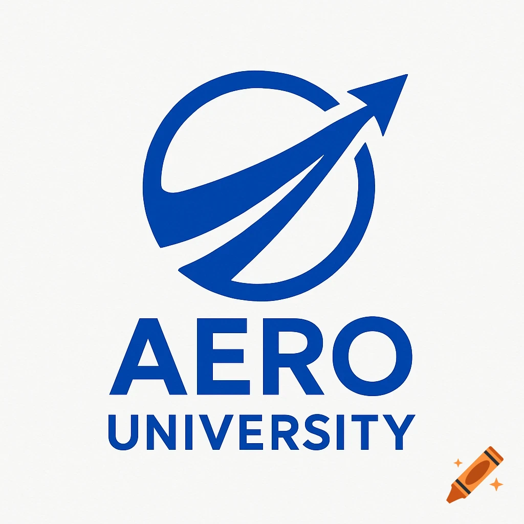 A blue and white university logo featuring a stylized circular design with an upward-pointing arrow and the text "AERO UNIVERSITY".