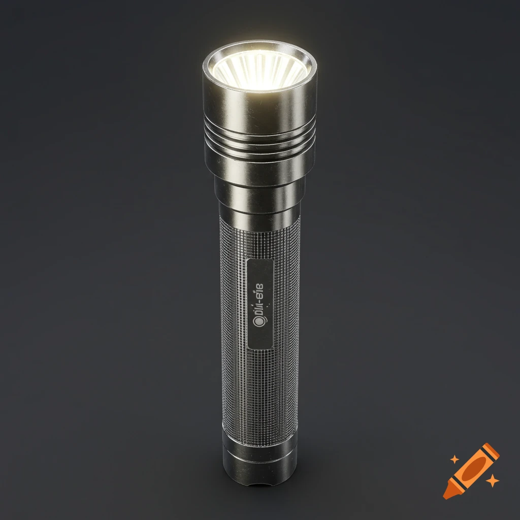 A photorealistic metallic flashlight with a textured grip, emitting a bright beam from its lens, on a dark background.