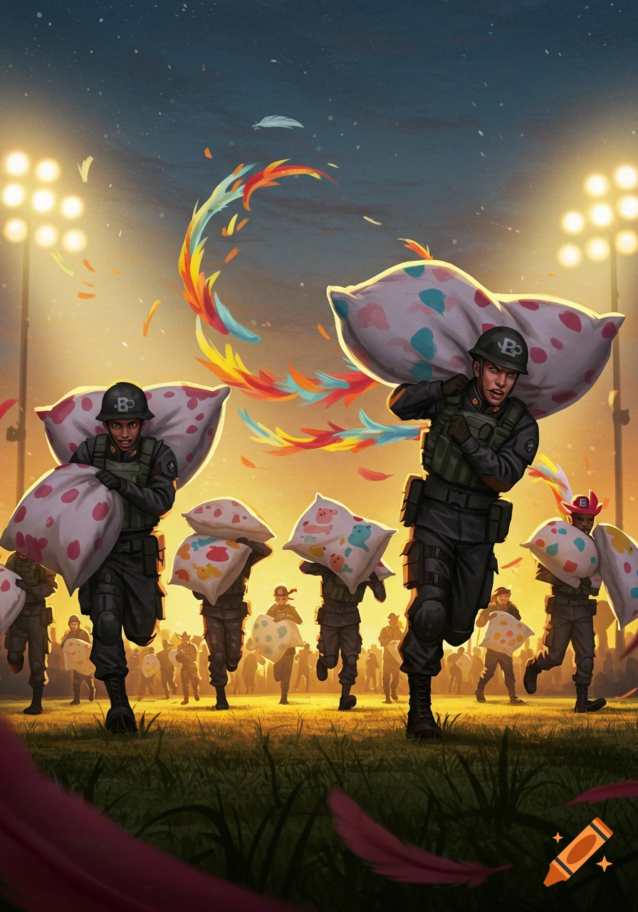 Soldiers in helmets and vests run across a grassy field under stadium lights, carrying large, patterned pillows, with colorful feathers flying around them. The sky is dark blue at dusk.