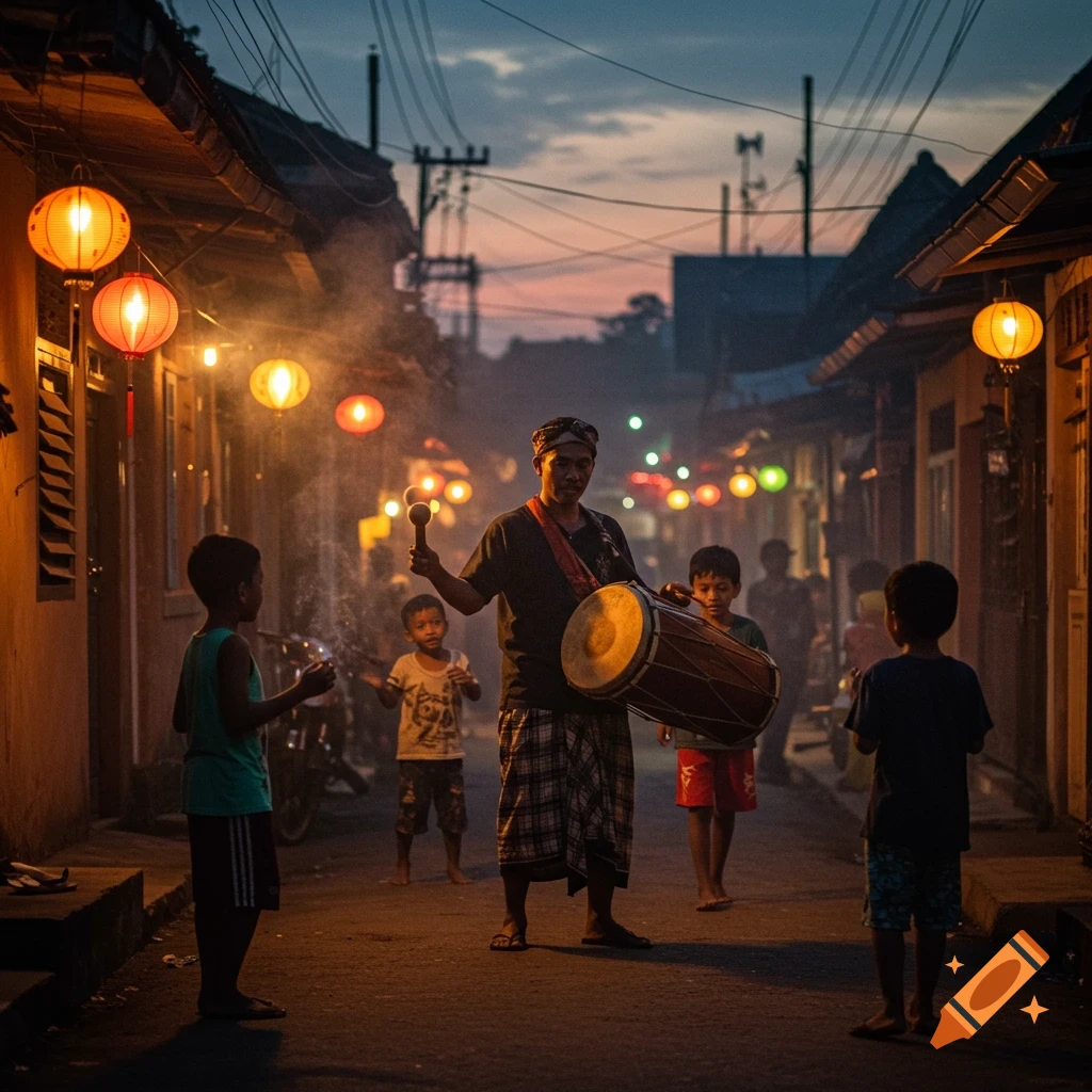 A man plays a large drum in a narrow street at dusk, surrounded by children and illuminated by glowing lanterns and smoke.