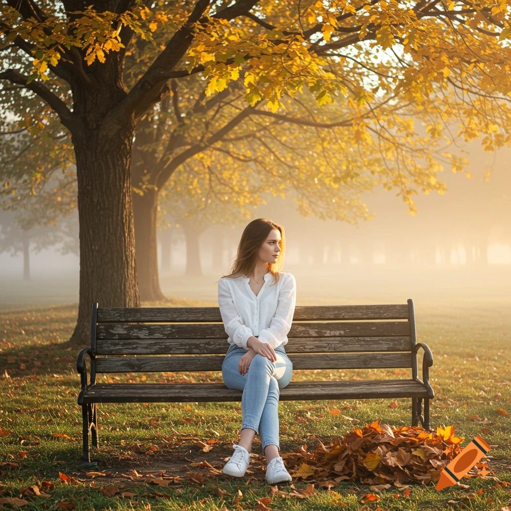 A woman sits on a wooden bench in an autumn park with golden trees, looking right. Photorealistic.