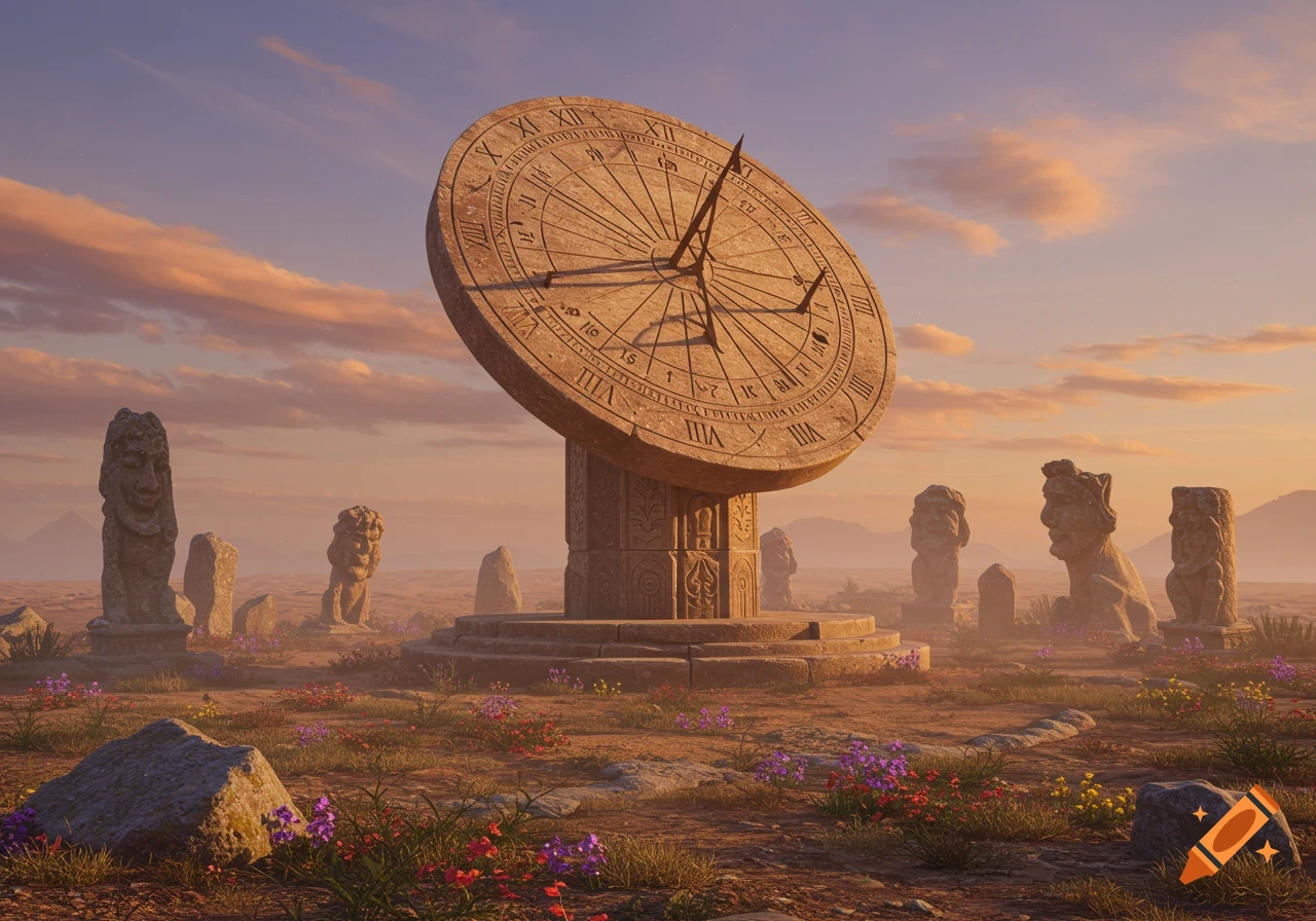 A large, ornate stone sundial sits amidst ancient ruins and scattered wildflowers in a vast desert under a warm sunset sky.