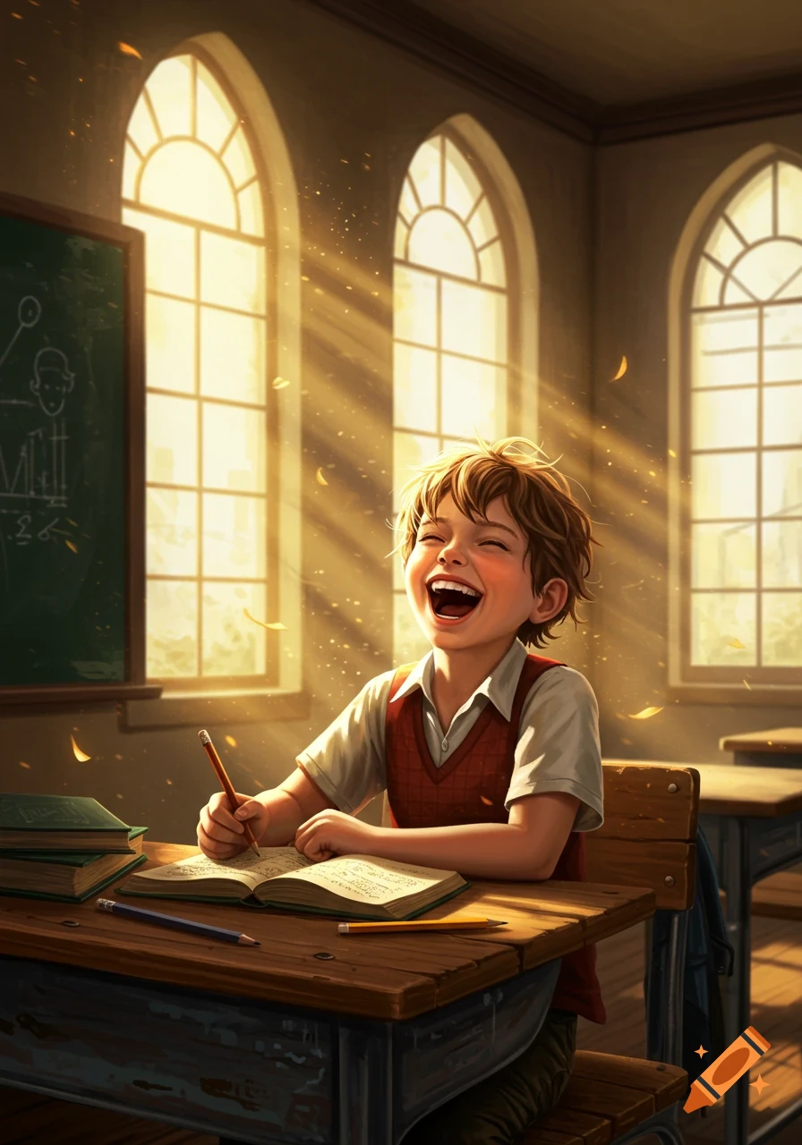 A young boy with brown hair laughs heartily while sitting at a desk in a sunlit classroom, holding a pencil.