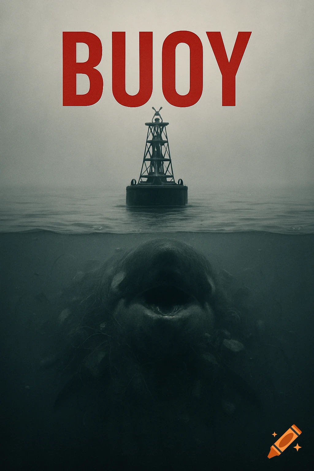 A dark movie poster for 'BUOY' shows a bell buoy above water and a menacing, trash-covered sea creature with an open mouth below the surface in a misty ocean.