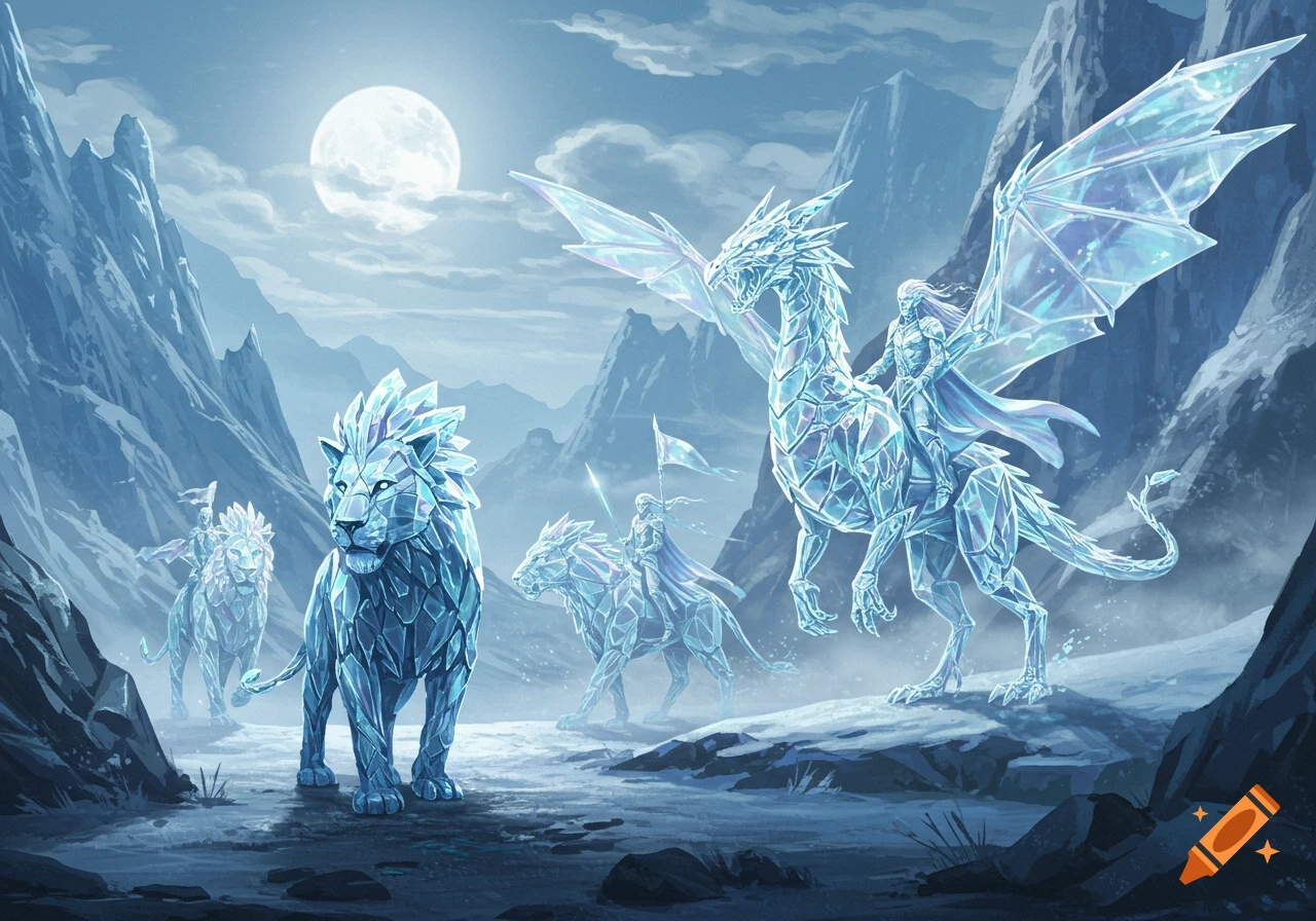 Detailed fantasy art of crystal lions and a crystal dragon with riders in a moonlit, snowy mountain landscape.