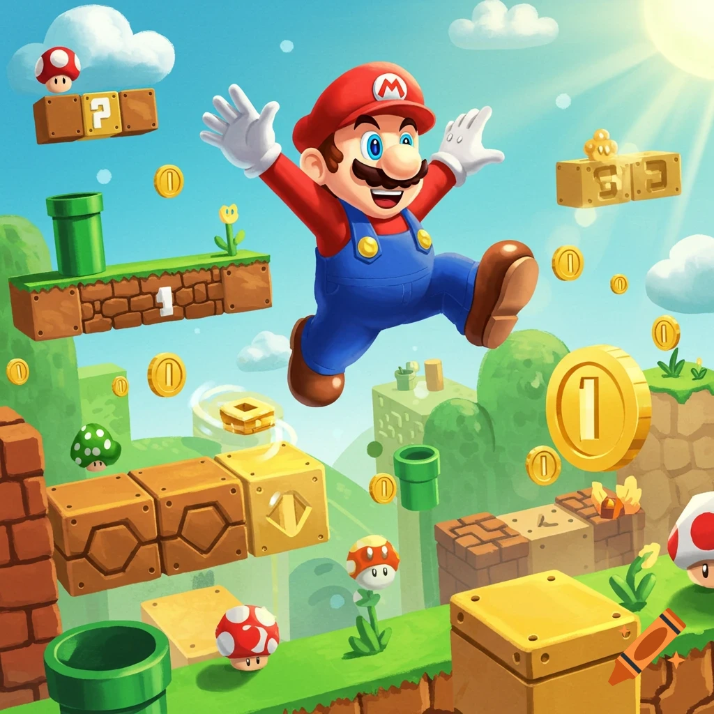 Mario jumps excitedly in a vibrant Super Mario Bros. level with floating blocks, coins, pipes, and mushrooms.