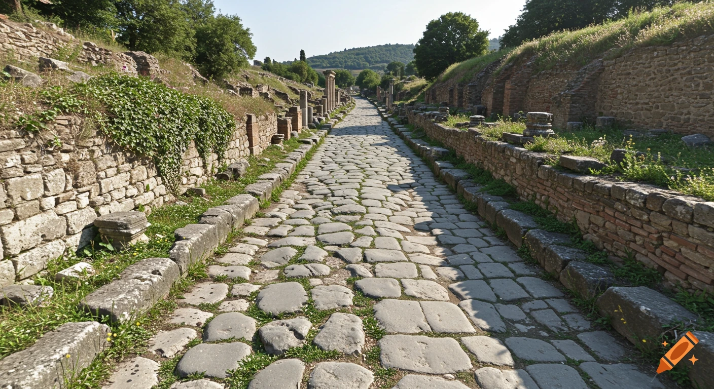 An ancient cobblestone road flanked by stone walls and ruins under a clear sky, resembling a Google Street View.