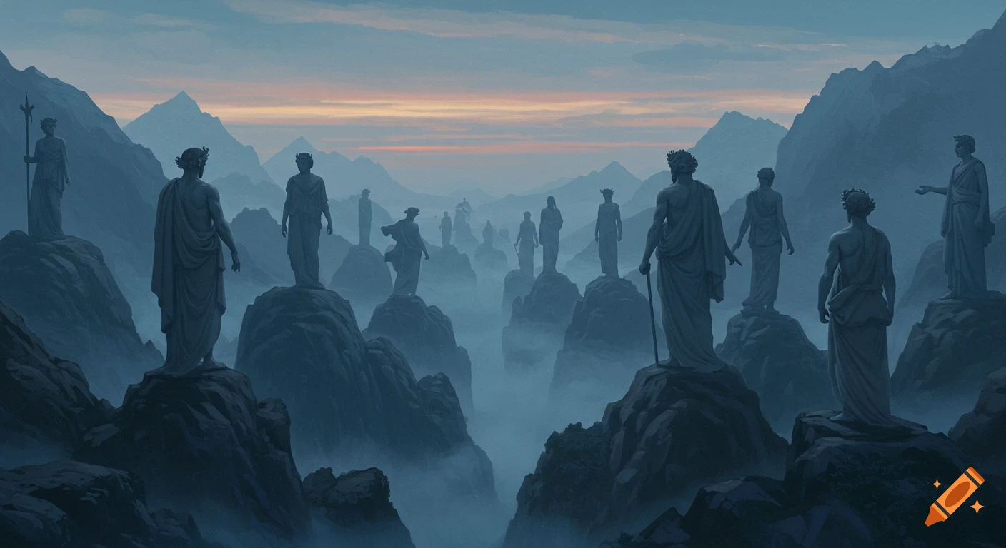 Monumental statues of classical figures in flowing robes stand on misty mountain peaks at twilight in a cool blue-gray palette.