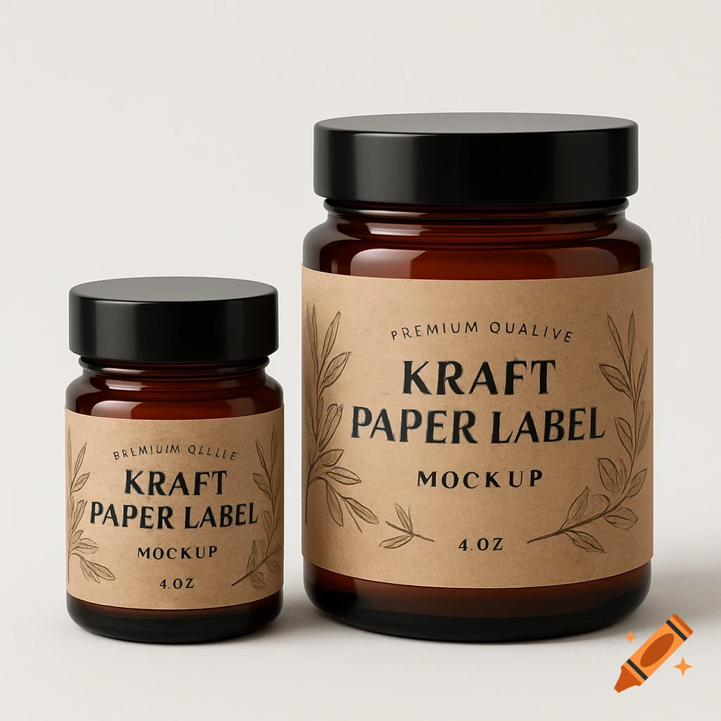 Two amber glass jars with black lids and kraft paper labels on a white background. Labels feature text "PREMIUM QUALIVE KRAFT PAPER LABEL MOCKUP 4.0Z" and leafy illustrations.