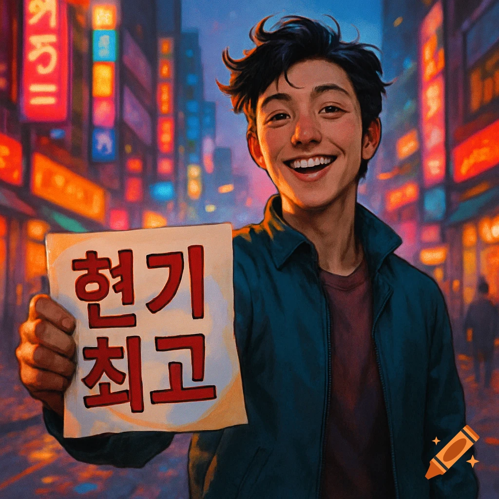 A smiling young man in an anime style holds a sign with Korean text '현기 최고' on a vibrant city street with neon lights.
