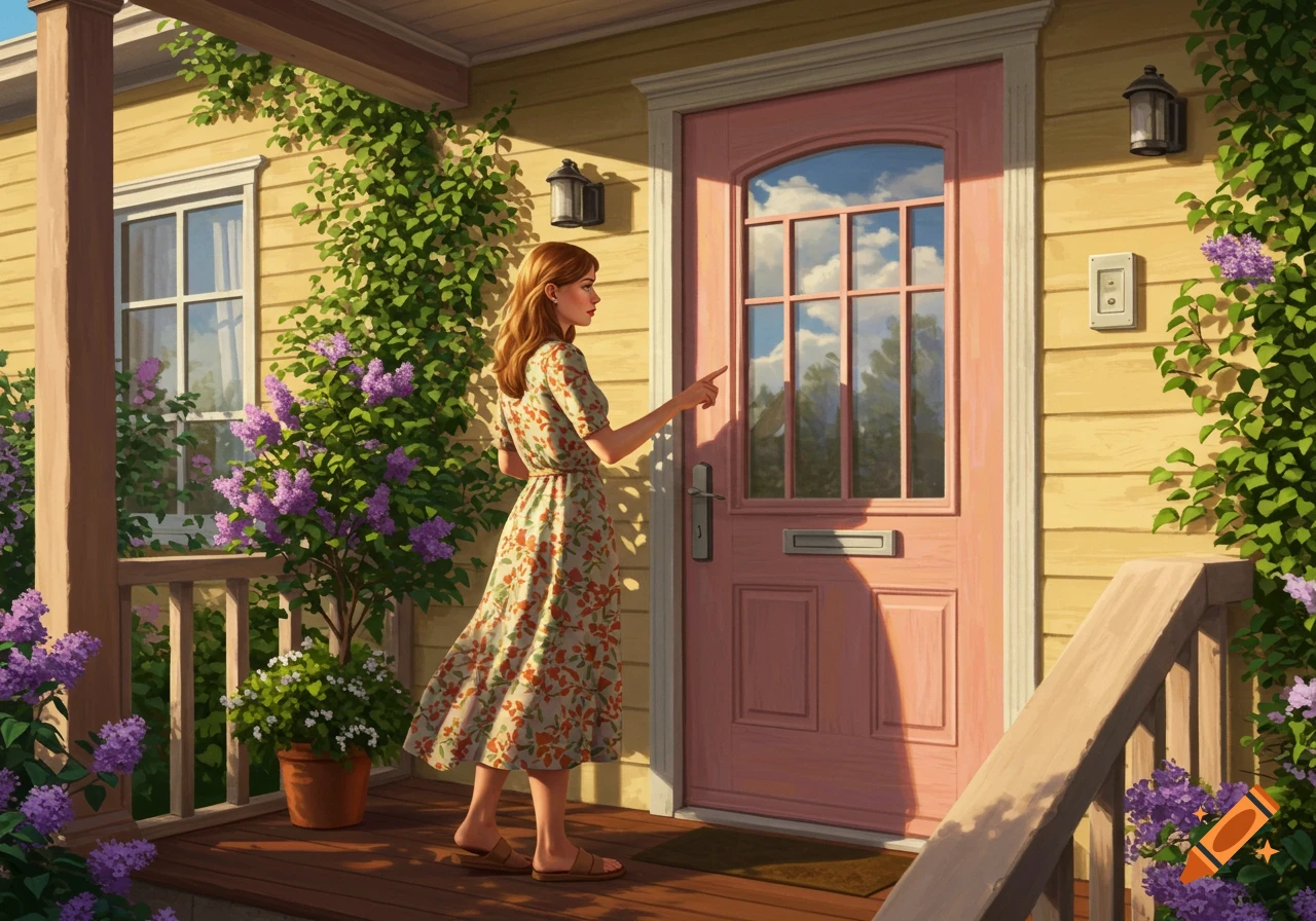 A woman in a floral dress on a sunny porch reaches to ring the pink doorbell of a yellow house with green vines and purple lilacs.
