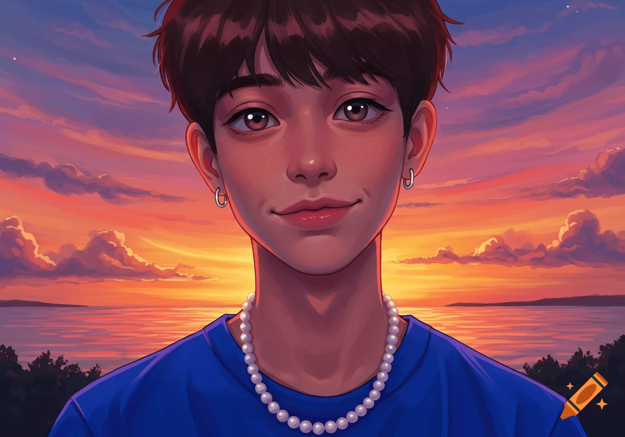 Stylized portrait of a young person with a pearl necklace and blue shirt against a vibrant sunset over water.