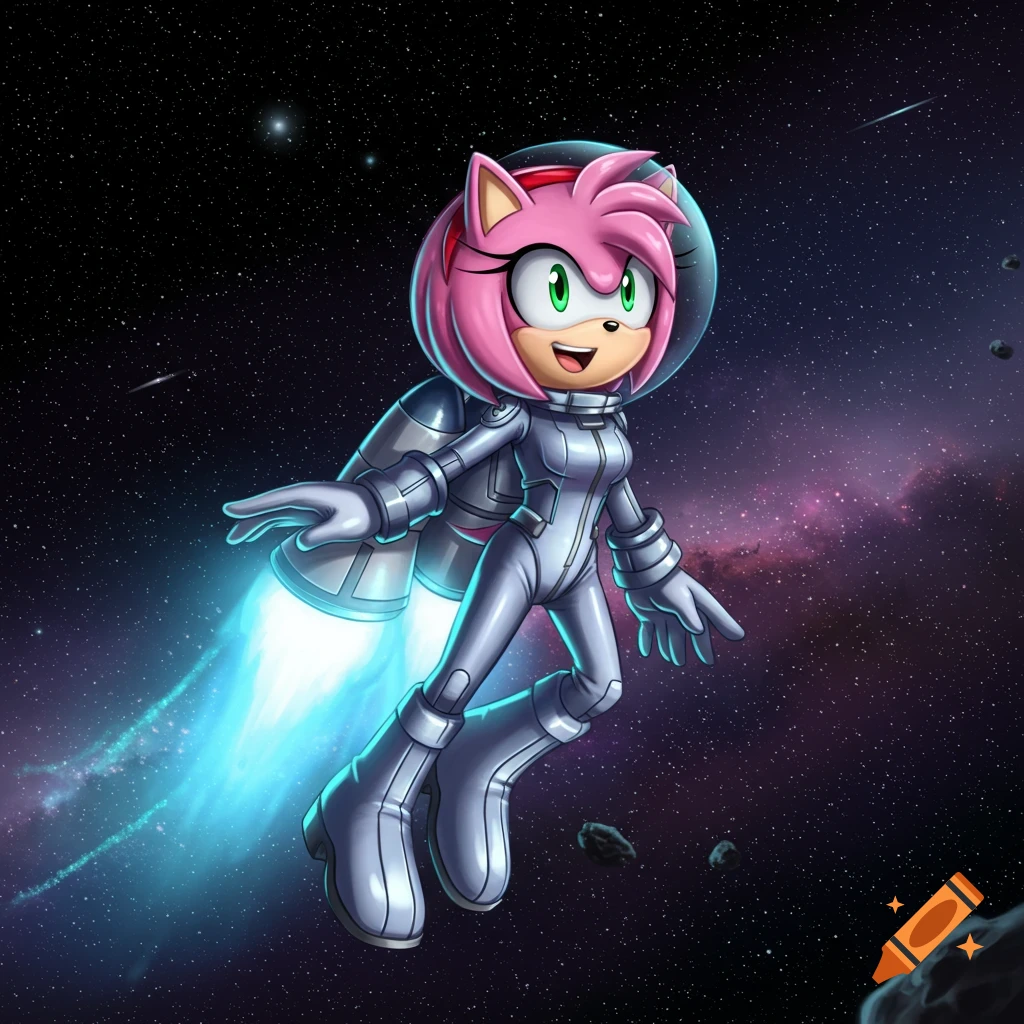 Amy Rose in a silvery spacesuit with a red headband, flying through space with a jetpack, surrounded by stars and asteroids.