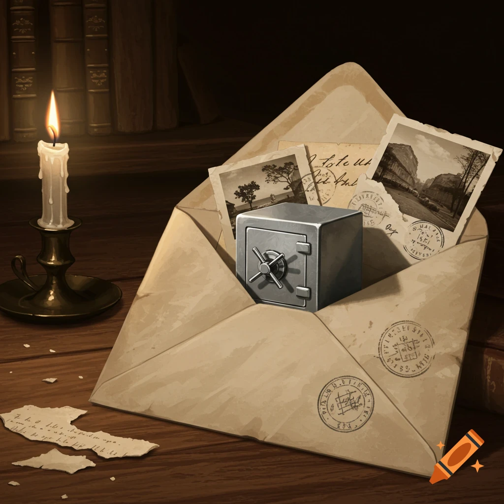A stylized illustration of an open envelope containing a small safe and old photographs, next to a lit candle and torn papers on a wooden table.