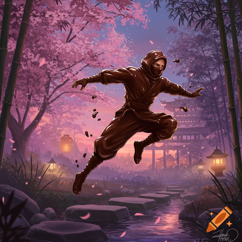 A stylized chocolate ninja leaps over stepping stones in a vibrant, moonlit cherry blossom garden at dusk.