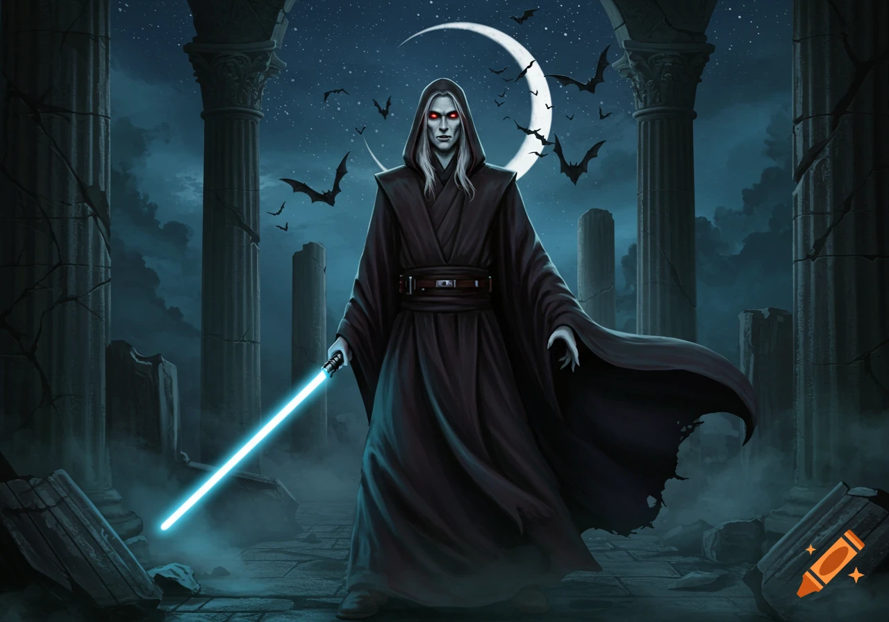 A pale, hooded figure with red eyes holds a blue lightsaber amidst ancient ruins under a crescent moon with bats flying. Dark fantasy art.