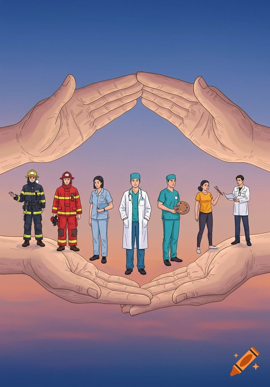 Illustration of firefighters, medical staff, and other professionals standing on large, protective hands under a gradient sky.