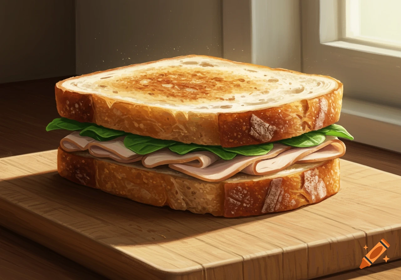 A delicious-looking sandwich with toasted bread, lettuce, and turkey slices on a wooden cutting board, illuminated by sunlight.