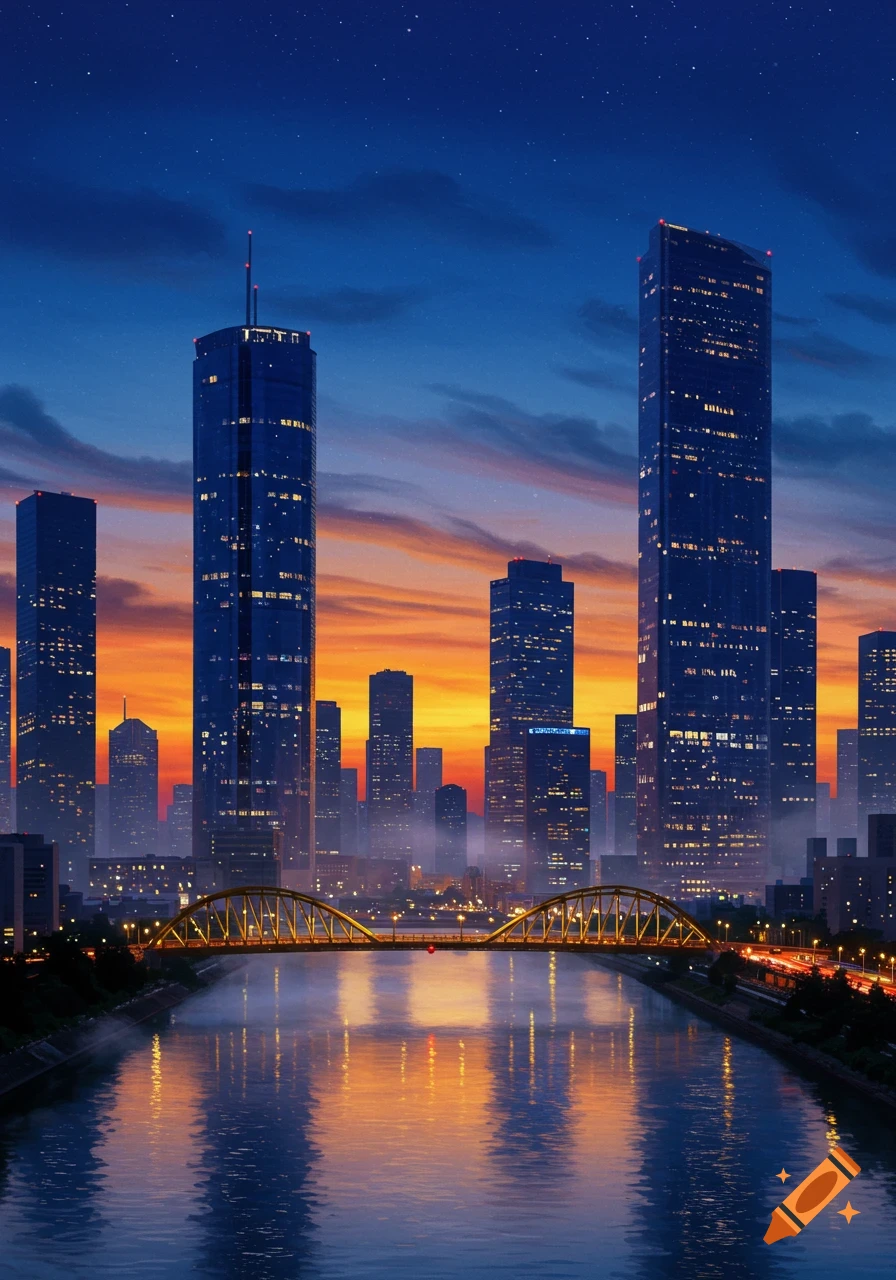 A vibrant city skyline at sunset, with illuminated skyscrapers reflecting in the river below a bridge.