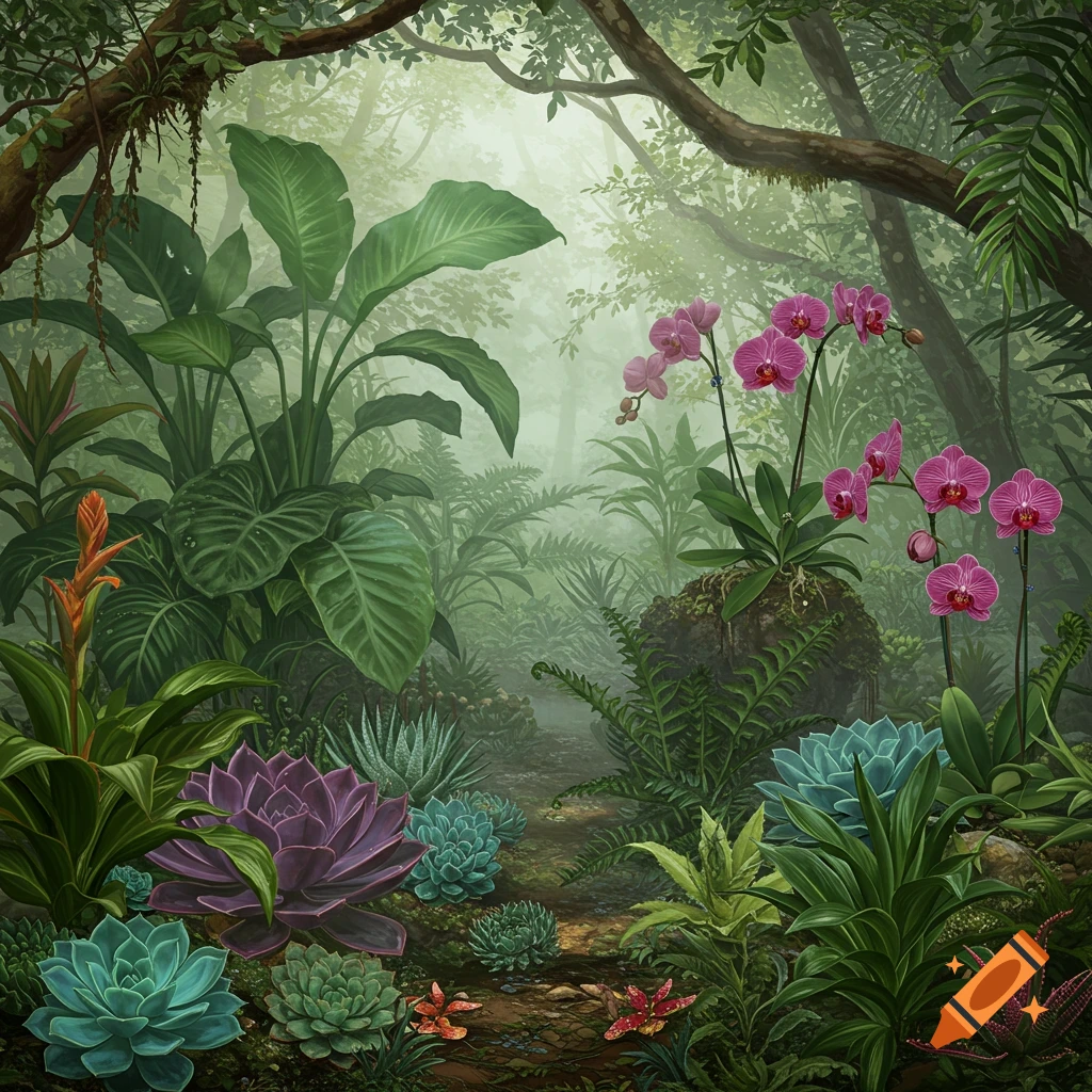 A detailed illustration of a lush, misty jungle scene filled with various green plants, vibrant pink orchids, and colorful succulents.