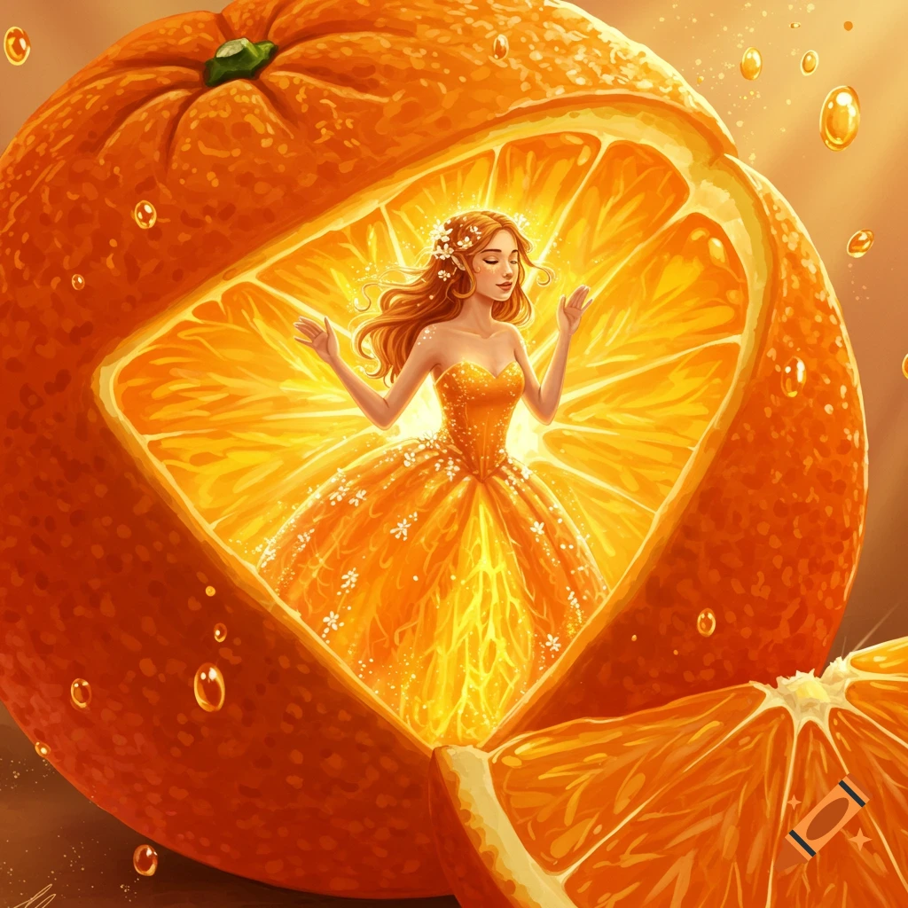 A glowing fantasy princess with flowing orange hair emerges from a vibrant, cut orange, surrounded by juice droplets.