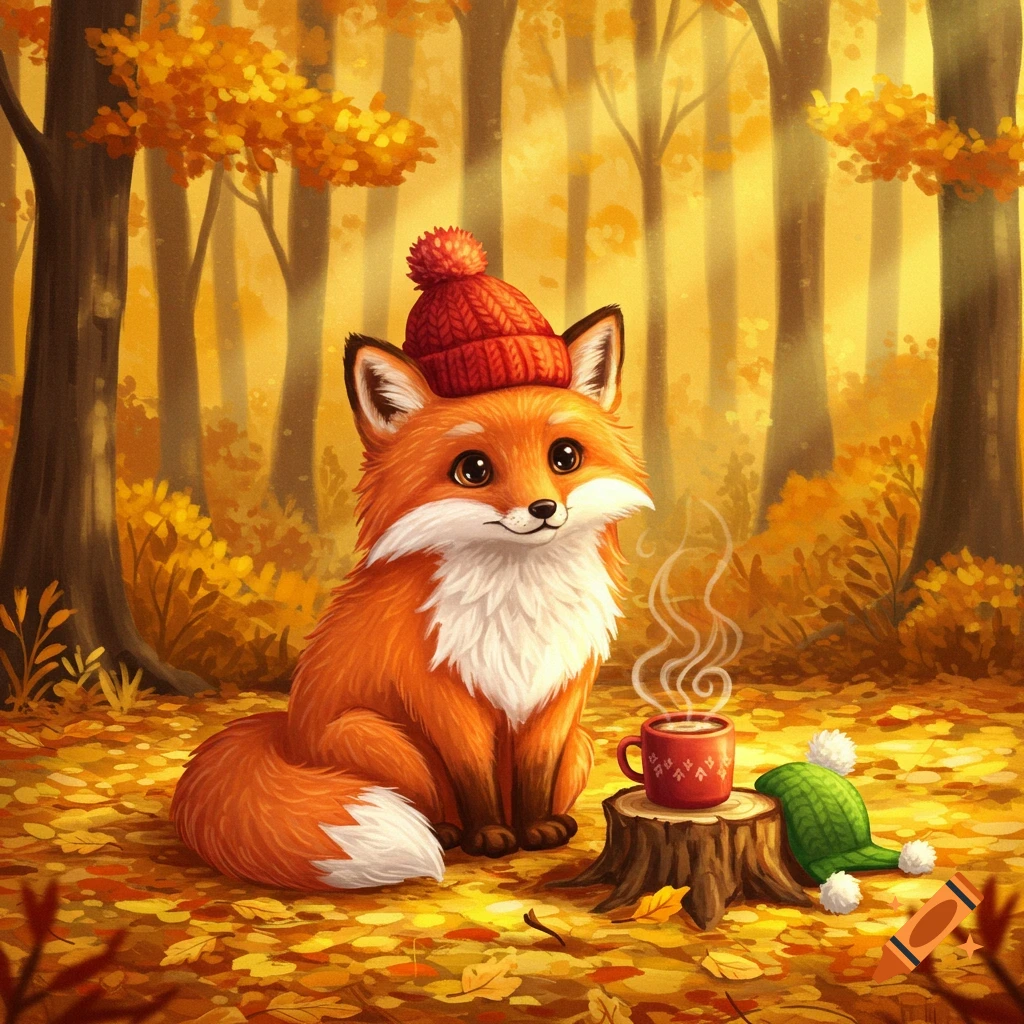 A cute illustrative fox wearing a red winter hat, sitting in an autumn forest with falling leaves next to a steaming mug of hot cocoa and a green hat.