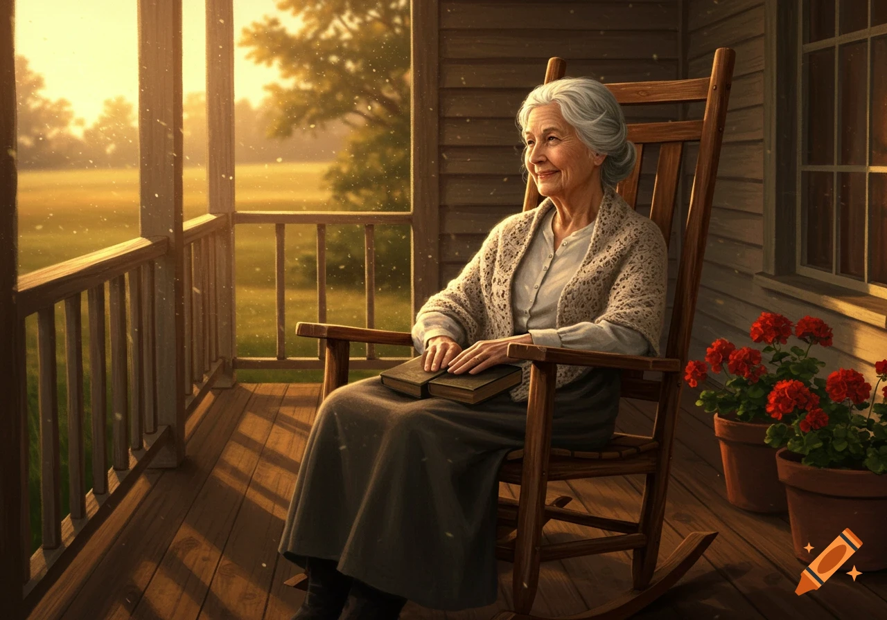 Elderly woman with white hair sitting in a wooden rocking chair on a porch, holding a book, bathed in warm sunlight.