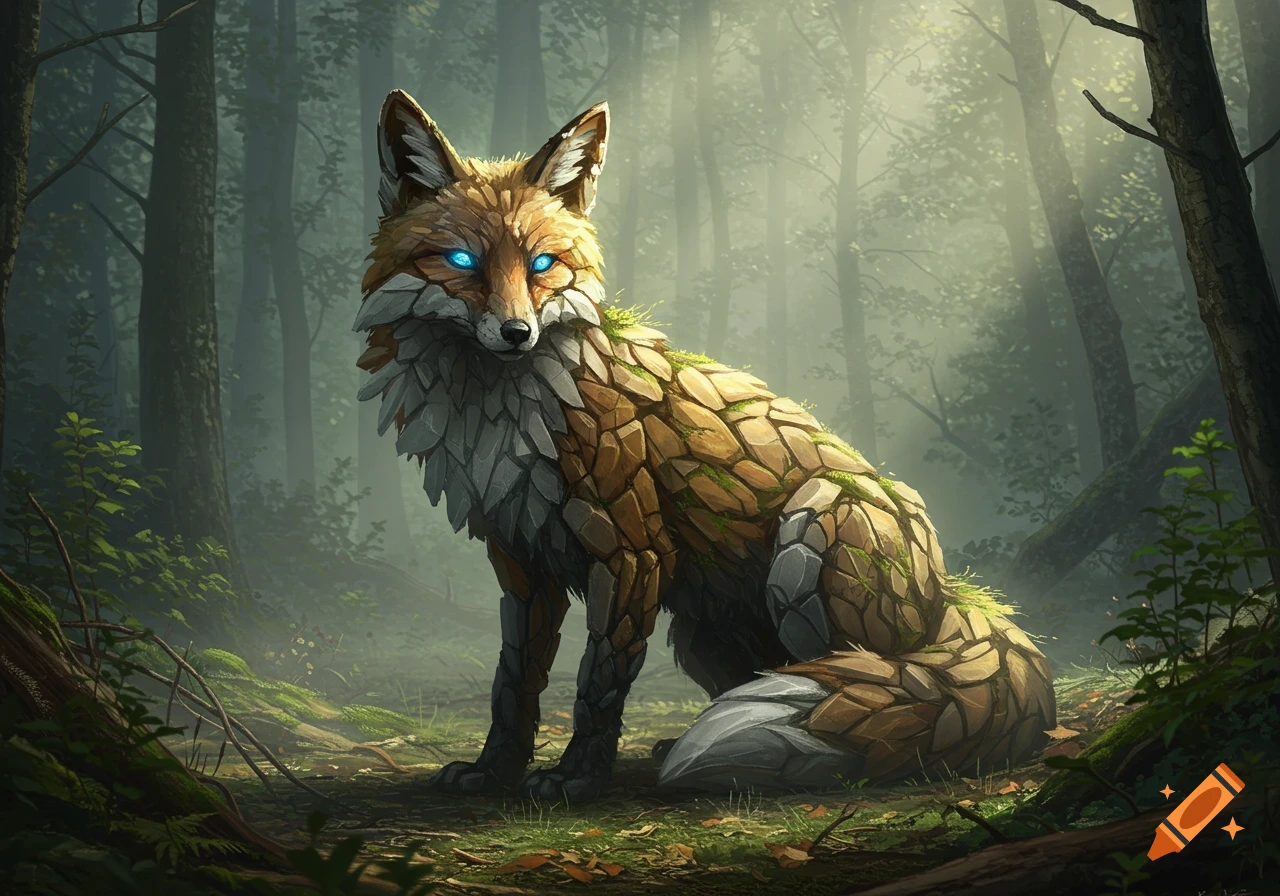 A stylized fox made of rocks and moss with glowing blue eyes sits in a sun-dappled forest.