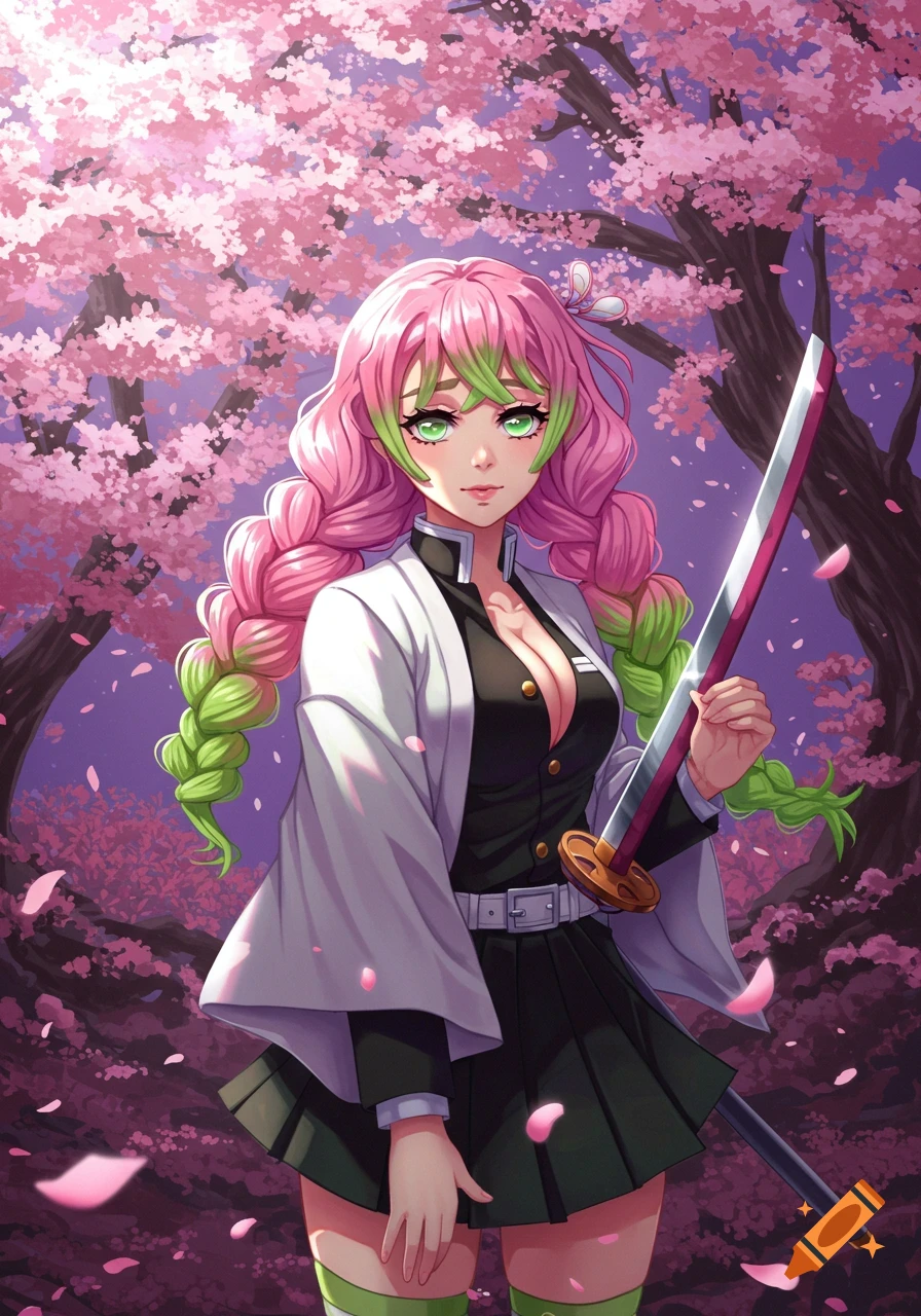Anime character Mitsuri Kanroji with pink-green hair, holding a sword under blooming cherry blossoms in a vibrant anime style.