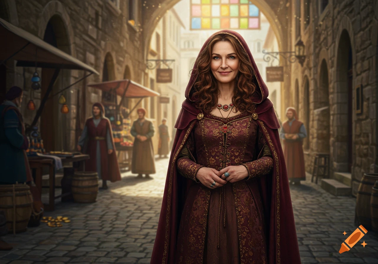 A smart medieval woman in a rich, embroidered maroon hooded gown stands in a bustling market archway, looking at the viewer.