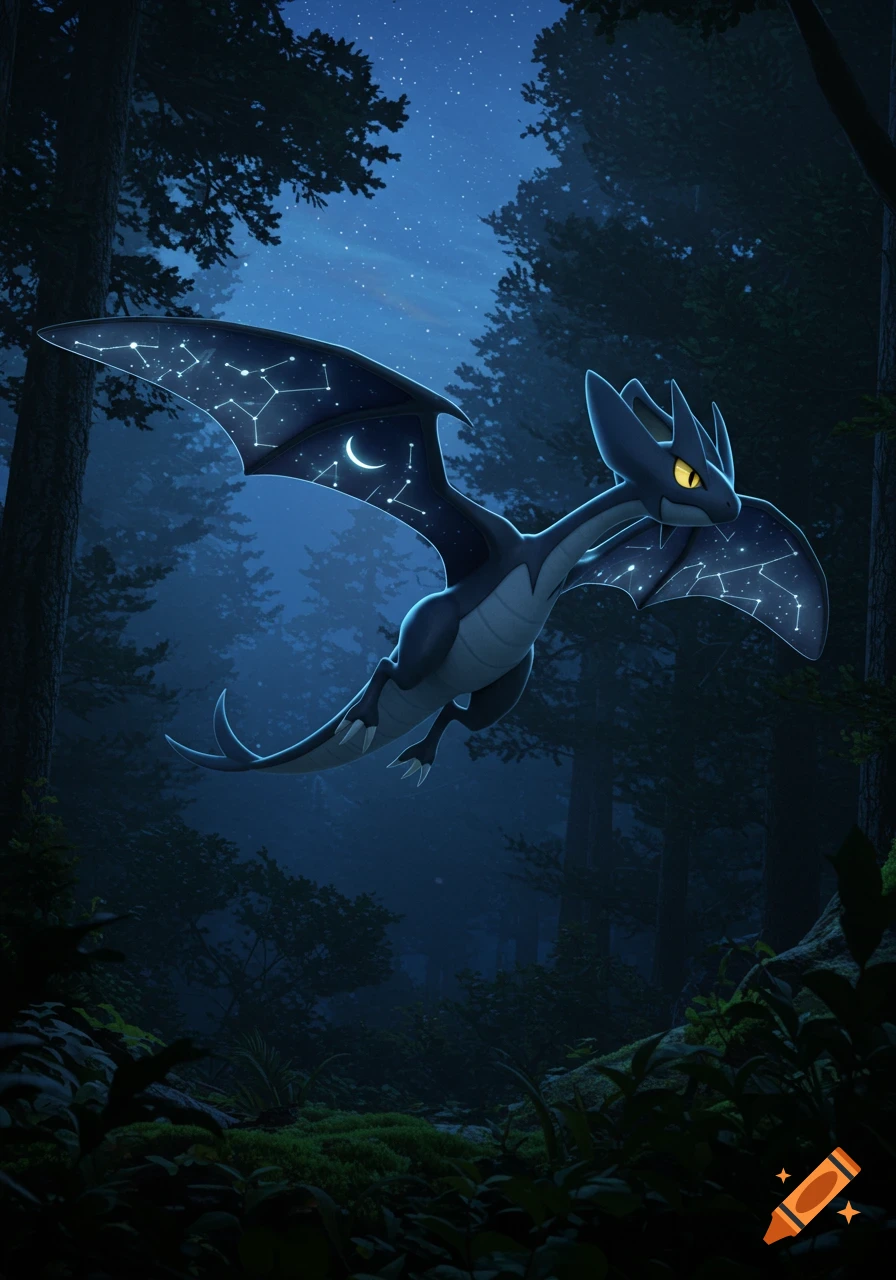 A sleek, midnight blue dragon Pokémon with glowing celestial patterns on its wings and yellow eyes flies through a dark, mystical forest at night.
