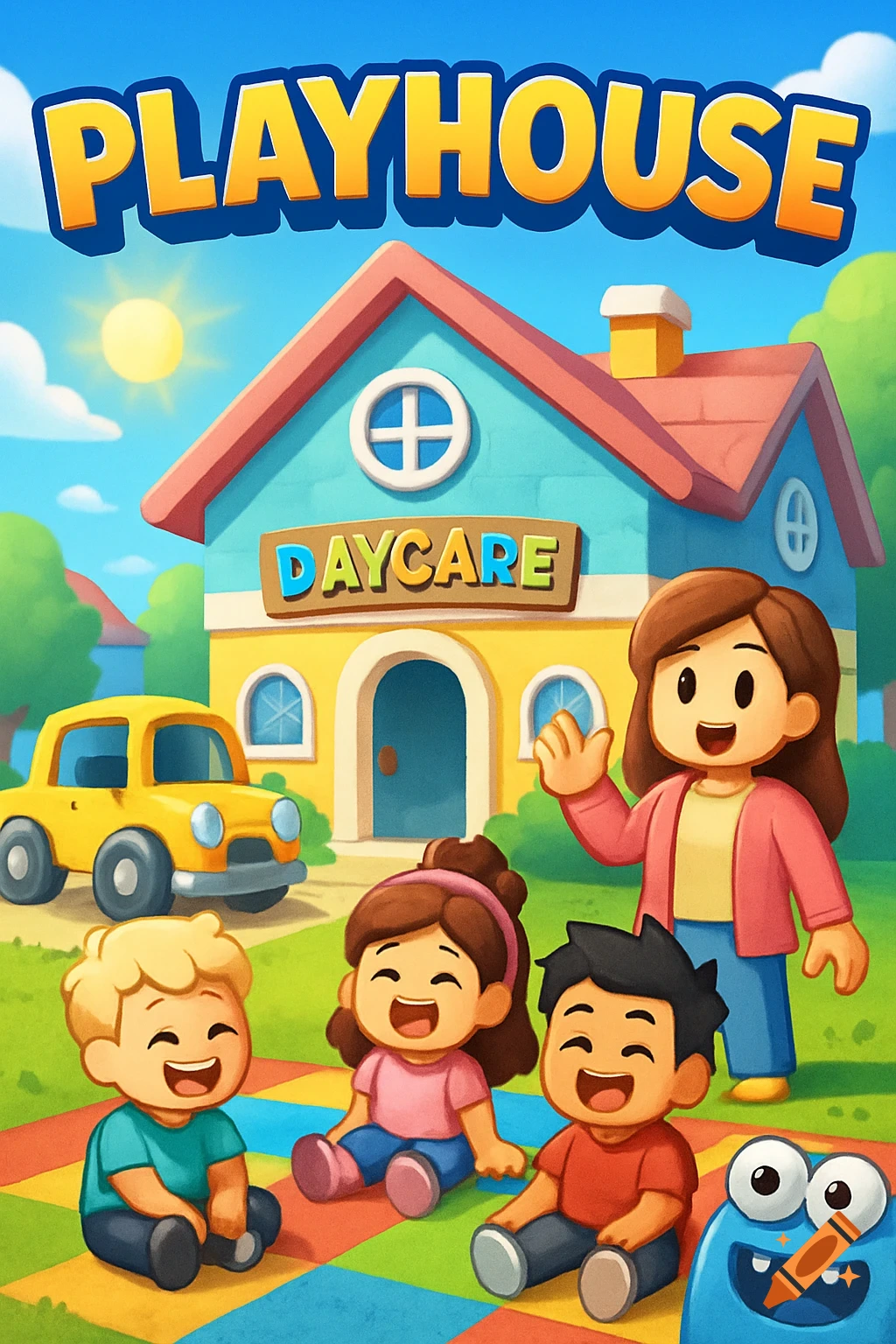 A vibrant cartoon image of a daycare. A teacher waves at happy children sitting on a colorful mat outside a blue house, with a yellow car and a cute monster nearby.
