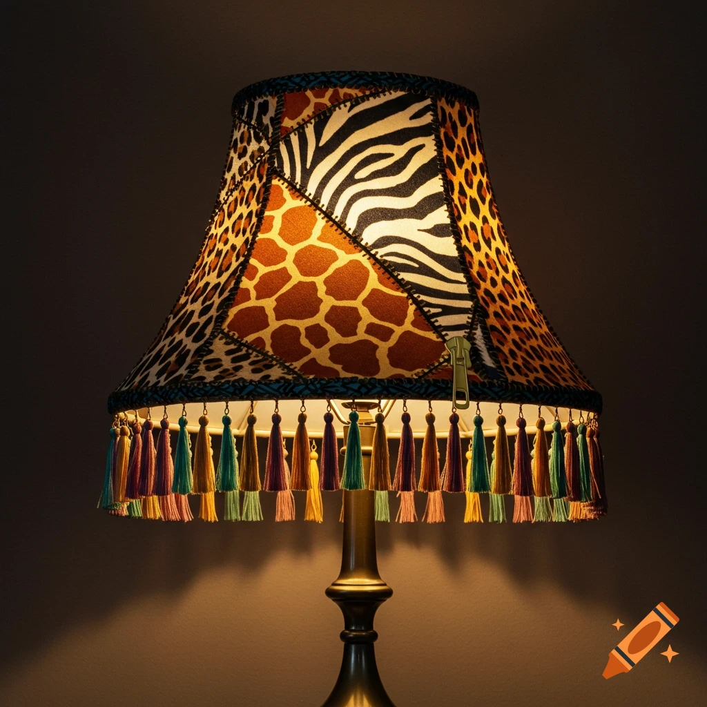 A funky lamp with a patchwork lampshade featuring leopard, zebra, giraffe prints, a zipper, and colorful hanging tassels.