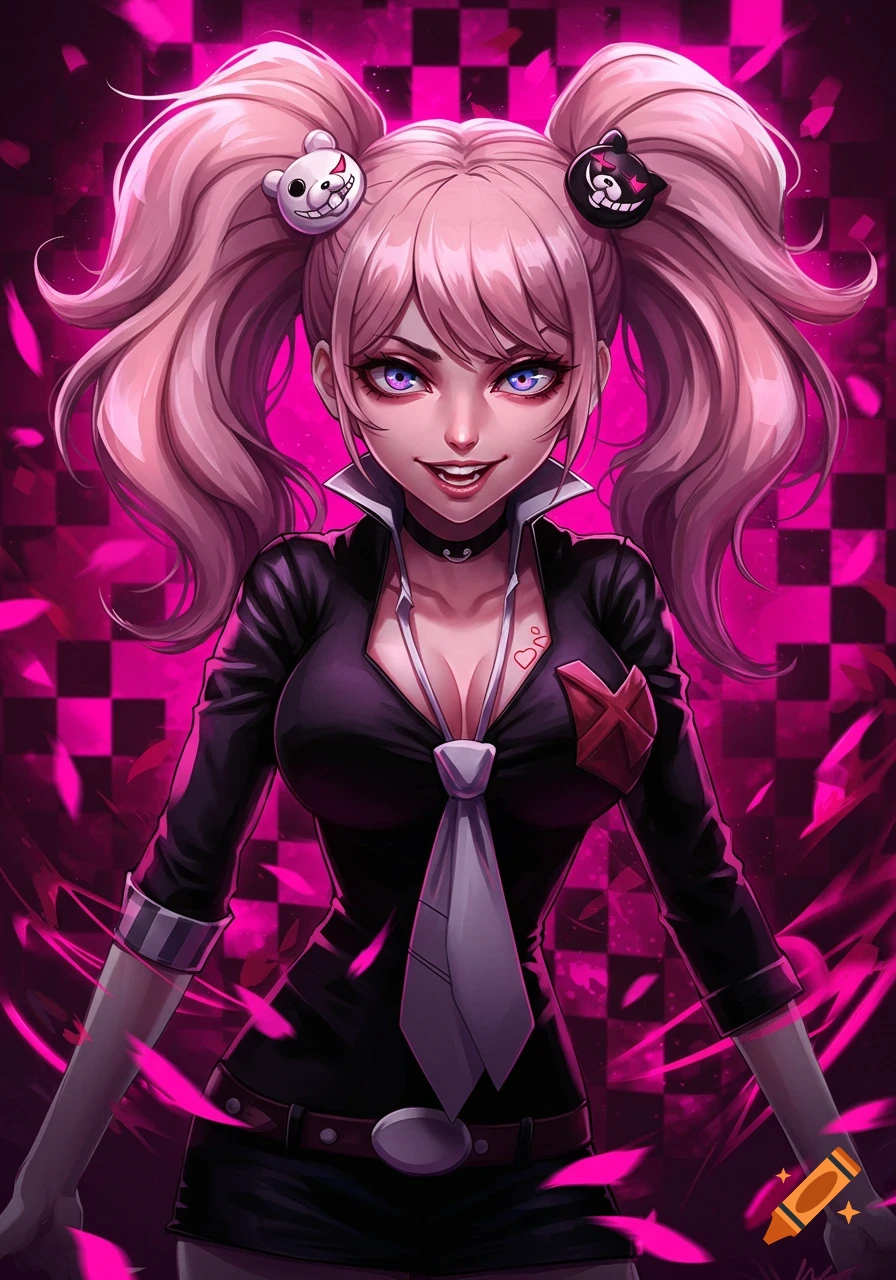 Vibrant anime illustration of Junko Enoshima with pink pigtails, a black outfit, and a mischievous grin against a pink checkered background.
