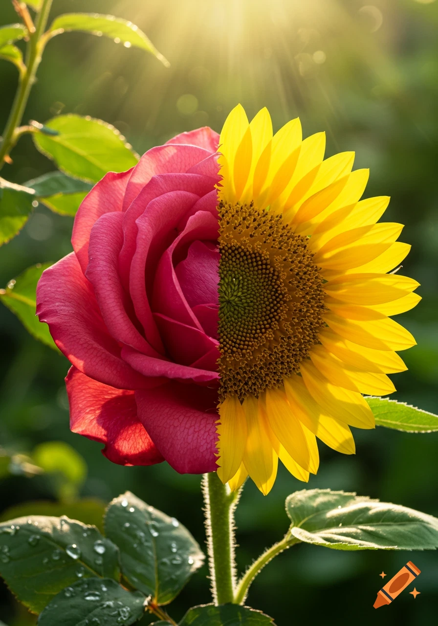 A vibrant close-up of a hybrid flower, half red rose and half yellow sunflower, under bright sunlight in a garden.