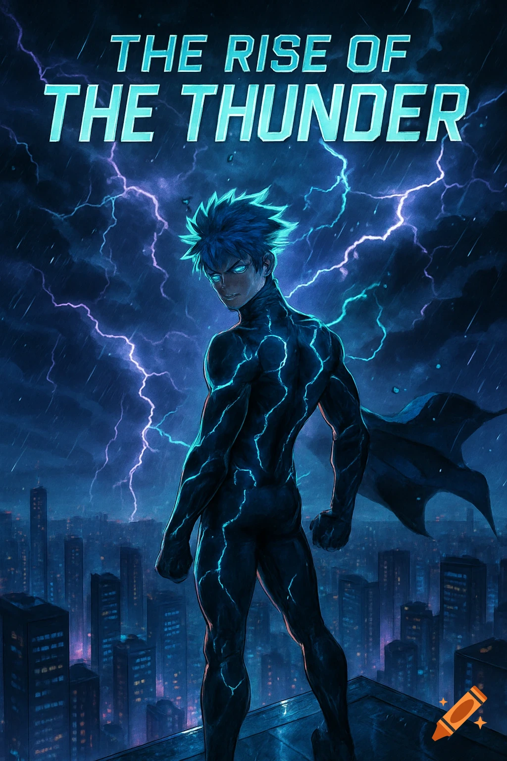Anime superhero with glowing blue hair and lightning crackling on his body stands on a rooftop overlooking a city during a thunderstorm.