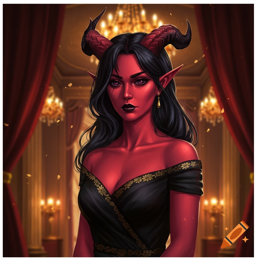 A serious red-skinned female tiefling with black horns and long black hair wears a black off-shoulder evening gown with gold accents in an opulent room.