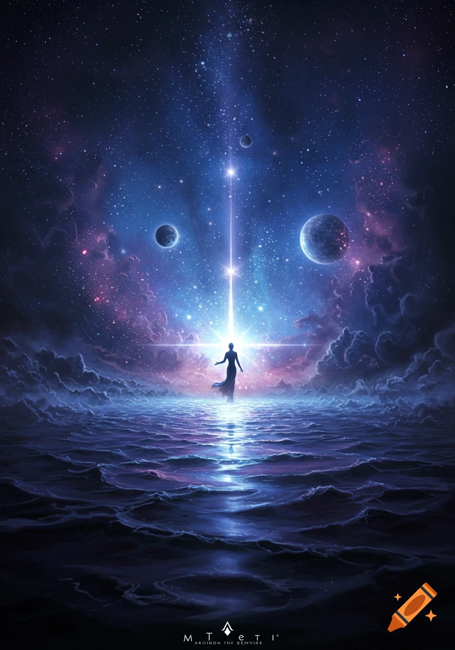 A silhouetted figure stands on a glowing, wavy surface under a vibrant cosmic sky filled with stars, nebulas, and planets.