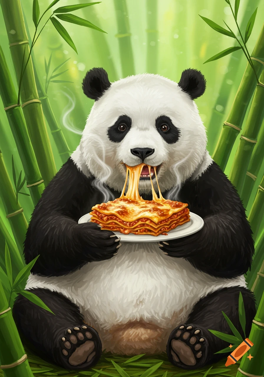 A cheerful illustrated panda sits in bamboo, happily eating a plate of cheesy lasagna with strings of cheese stretching from its mouth.