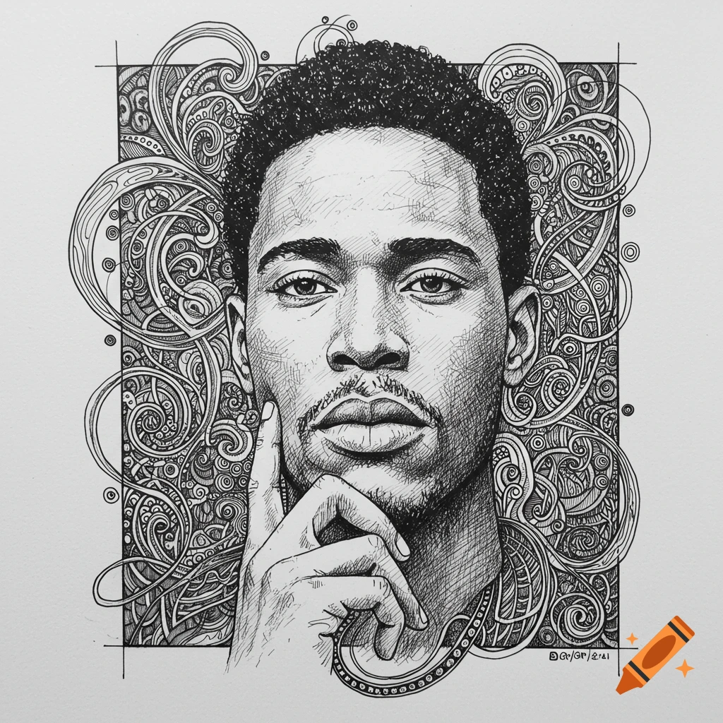 Black and white doodle drawing of a thoughtful man with curly hair and a mustache, hand on chin, surrounded by intricate swirling patterns.