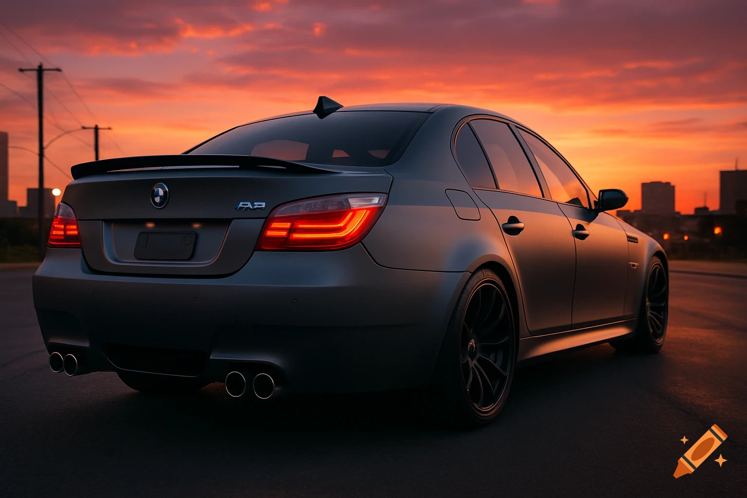 Matte grey BMW M5 E60 with black wheels and a large spoiler, viewed from the rear left at sunset with an orange sky.