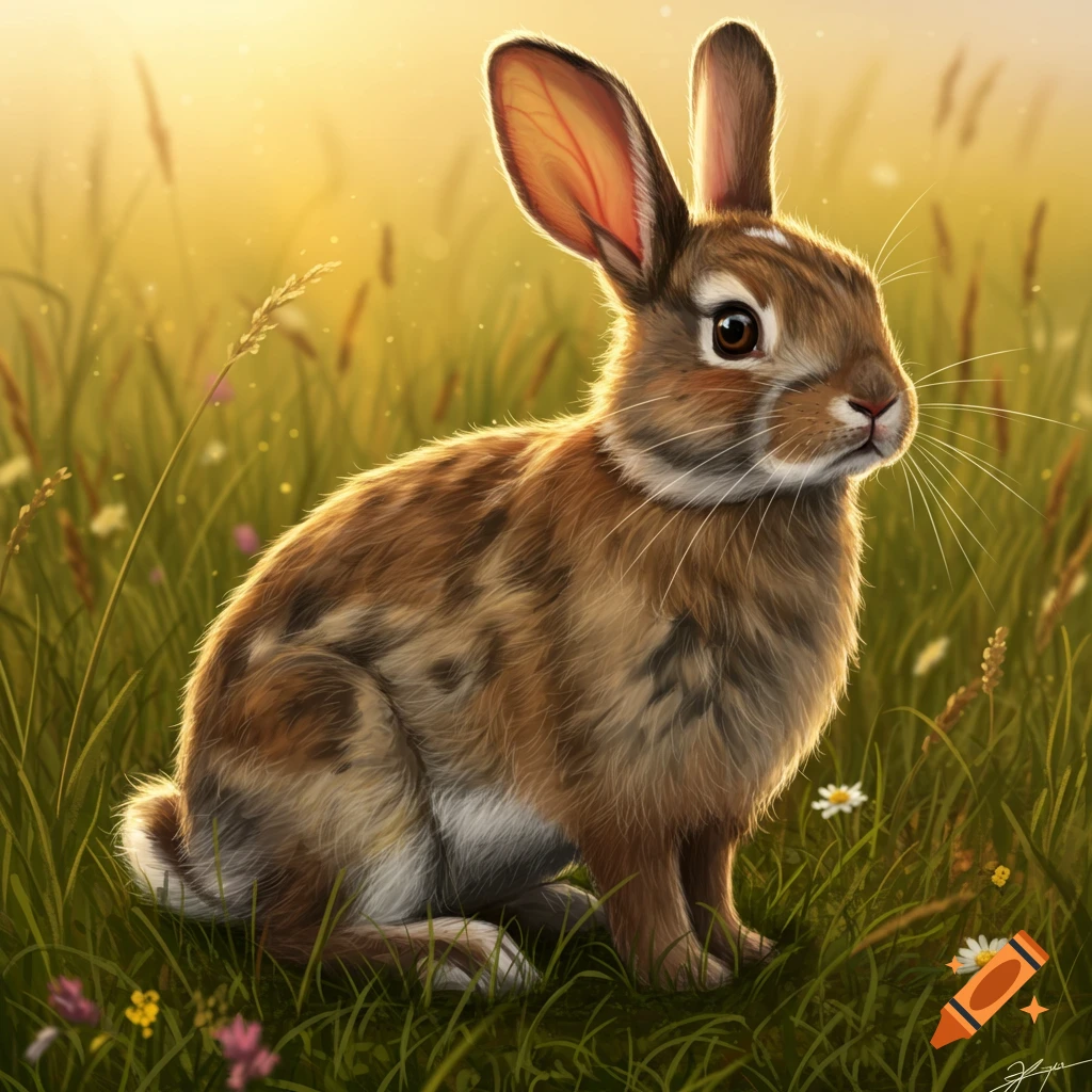A brown spotted lop rabbit sits in a sunlit golden grassy field with small white and pink flowers.